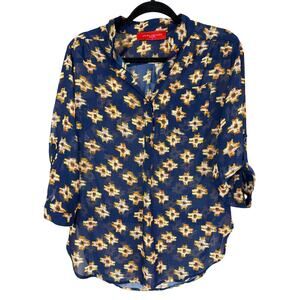 Akira Chicago Navy Multicolored Pattern Button Up Long Sleeve Top Size Small